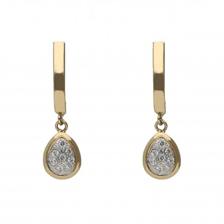 Pendientes articulados oro bicolor 18ktes con colgante en pera y circonitas
