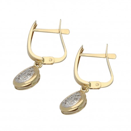 Pendientes articulados oro bicolor 18ktes con colgante en pera y circonitas