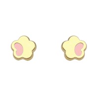 Pendientes oro amarillo 18K flor con esmalte rosa