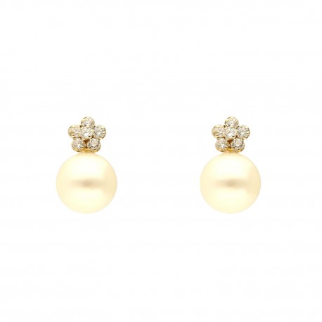 Pendientes oro amarillo 18K cuajo con circonitas y perla