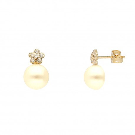 Pendientes oro amarillo 18K cuajo con circonitas y perla