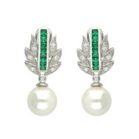 Pendientes plata rodiada 1ªLey con piedras color esmeralda y perla cultivada
