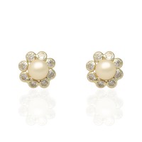 Pendientes oro 18K orla circonitas y perla cultivada