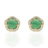 Pendientes flor oro 18K con circonitas y piedra verde