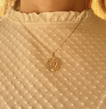 Medalla Oro 18Ktes Virgen Niña azul