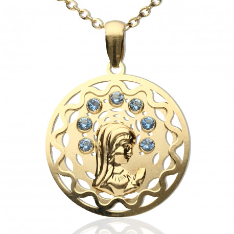 Medalla Oro 18Ktes Virgen Niña azul