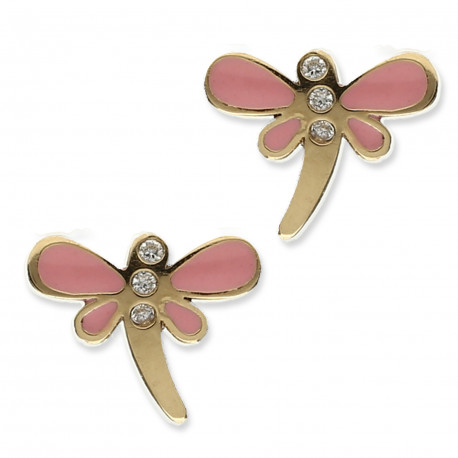 Pendientes libélula rosa Oro 18K