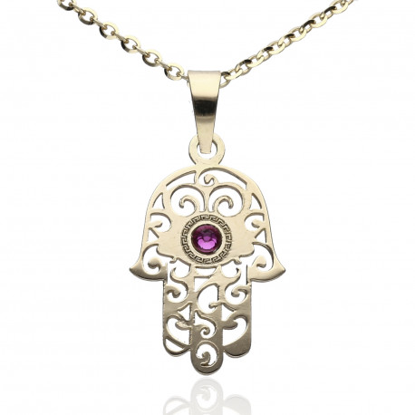 Colgante Mano Fátima Oro 18K Swarovski fucsia