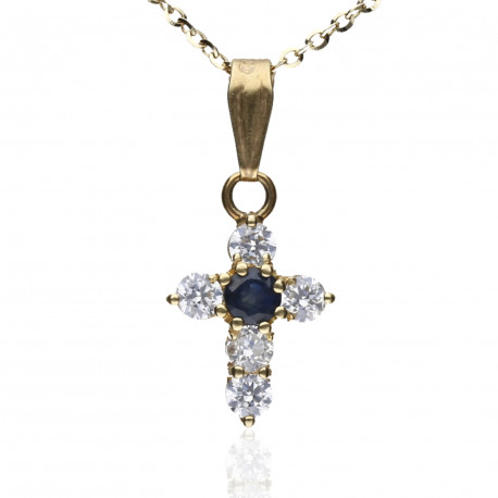 Cruz Oro 18K circonitas y zafiro 12mm