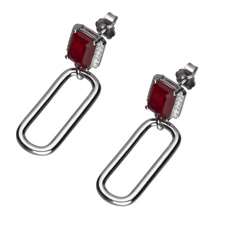 Pendientes plata eslabón piedra roja