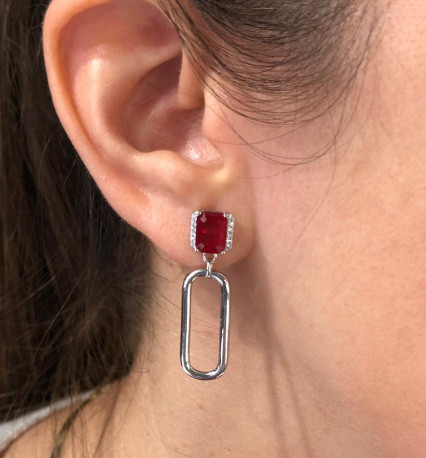 Pendientes plata eslabón piedra roja