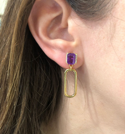 Pendientes plata chapada eslabón piedra amatista
