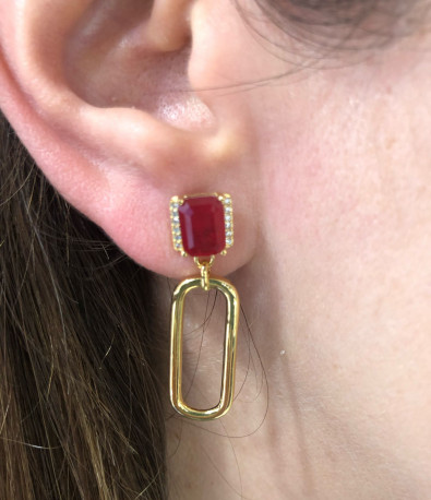 Pendientes plata chapada eslabón piedra roja