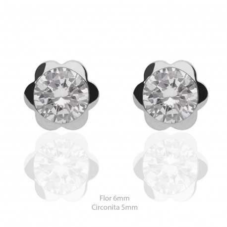 Pendientes oro blanco 18K flor 6mm circonita