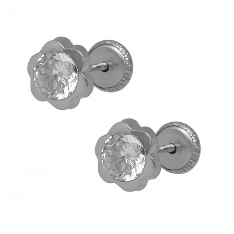 Pendientes oro blanco 18K flor 6mm circonita