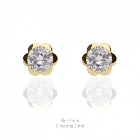 Pendientes oro 18K flor 4mm circonita