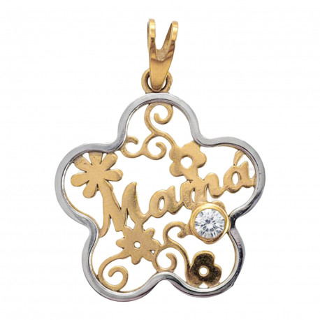 Colgante oro 18K bicolor Mamá diseño flor